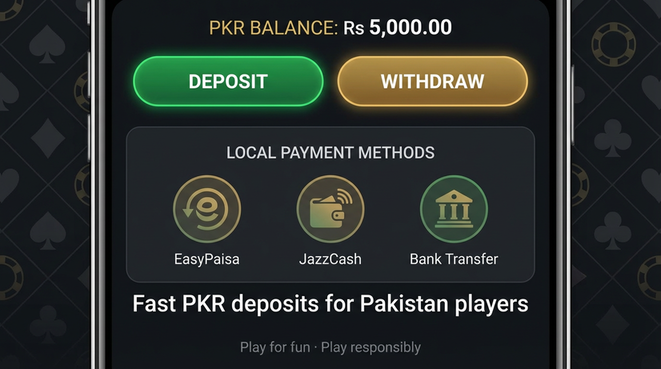 Deposit and withdrawal screen with PKR methods - endorsed by education experts